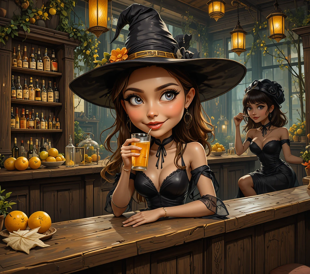 Curvy witch in black lingerie relaxing at a wooden bar