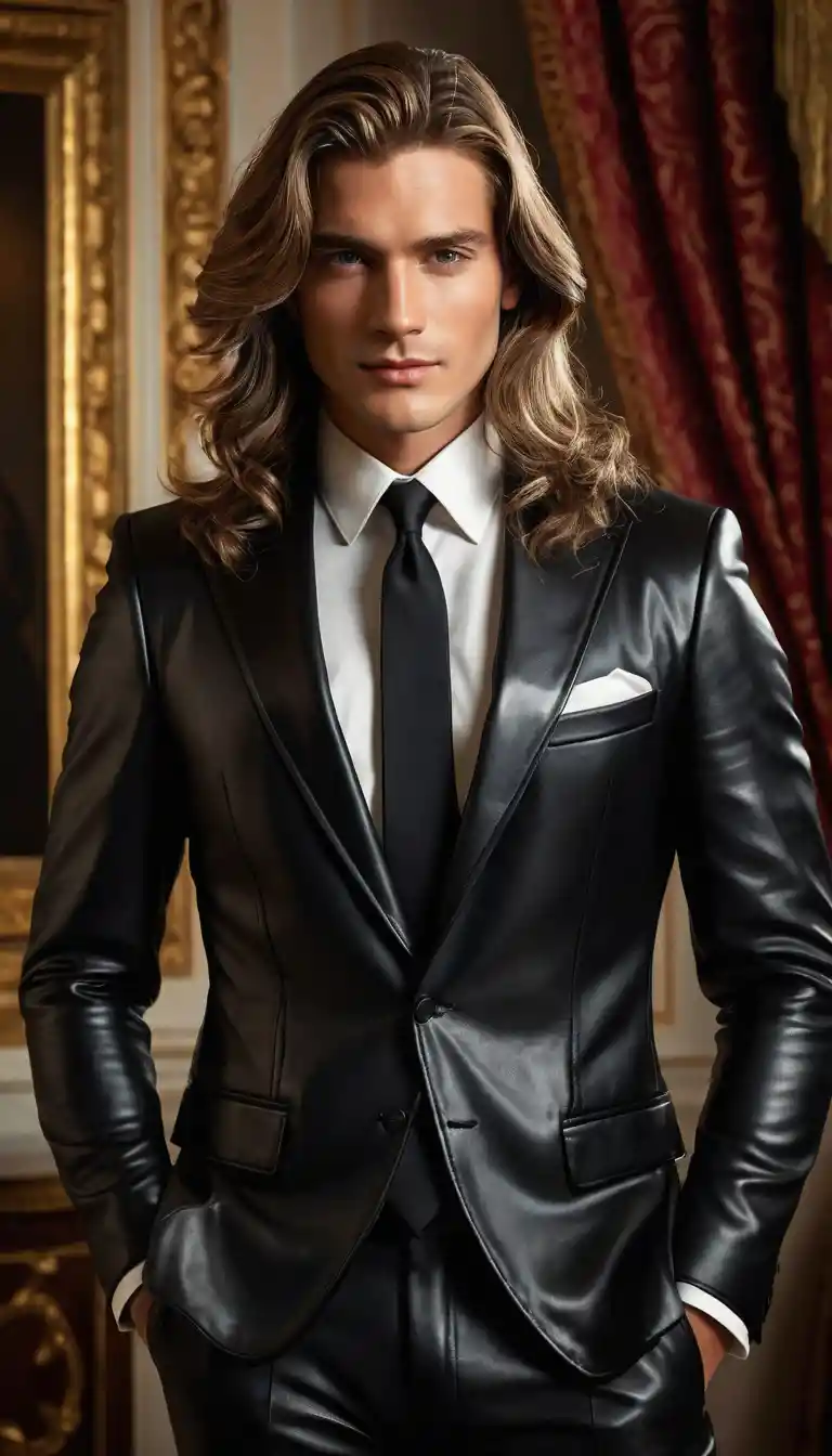 Young man in black leather suit selfie at a manor