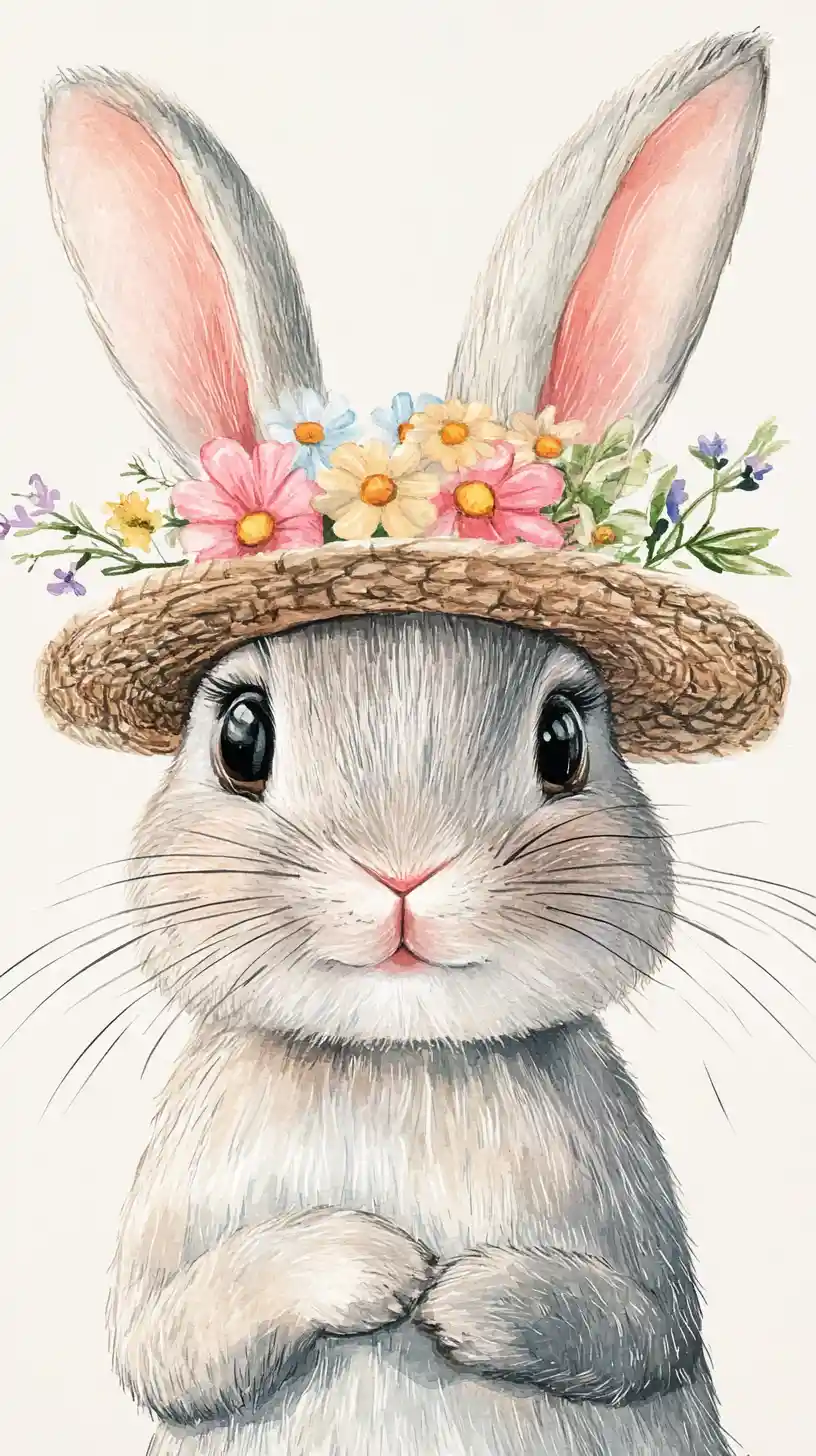 Niedliches Kaninchen mit Frühlingsblumen-Hut – Aquarellillustration