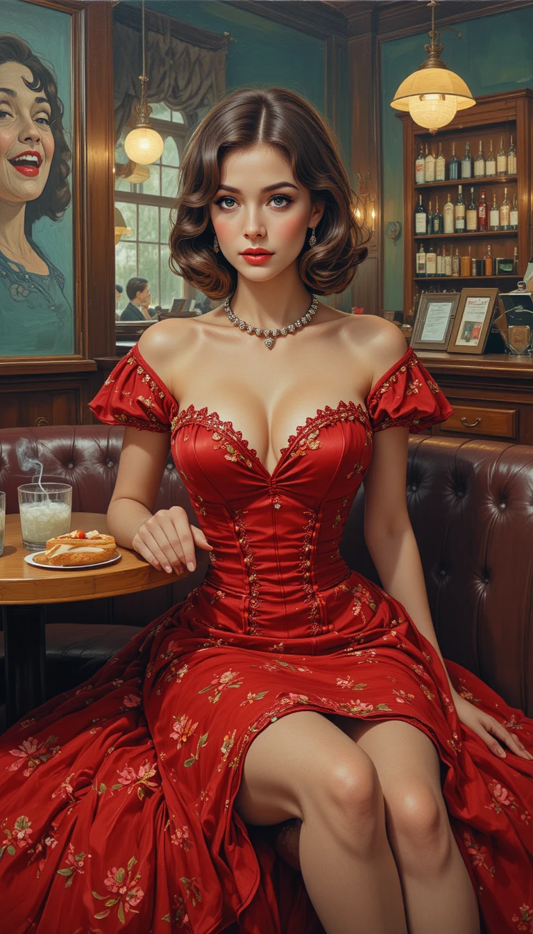 Giovane donna in abito vittoriano rosso in un caffè anni ’60