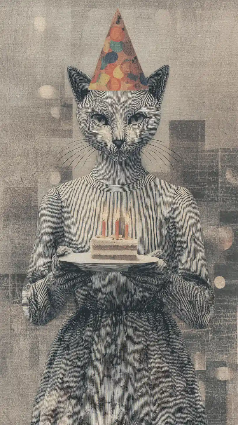 Gato Fiesterro Alegre con Pastel de Cumpleaños en Collage Surrealista