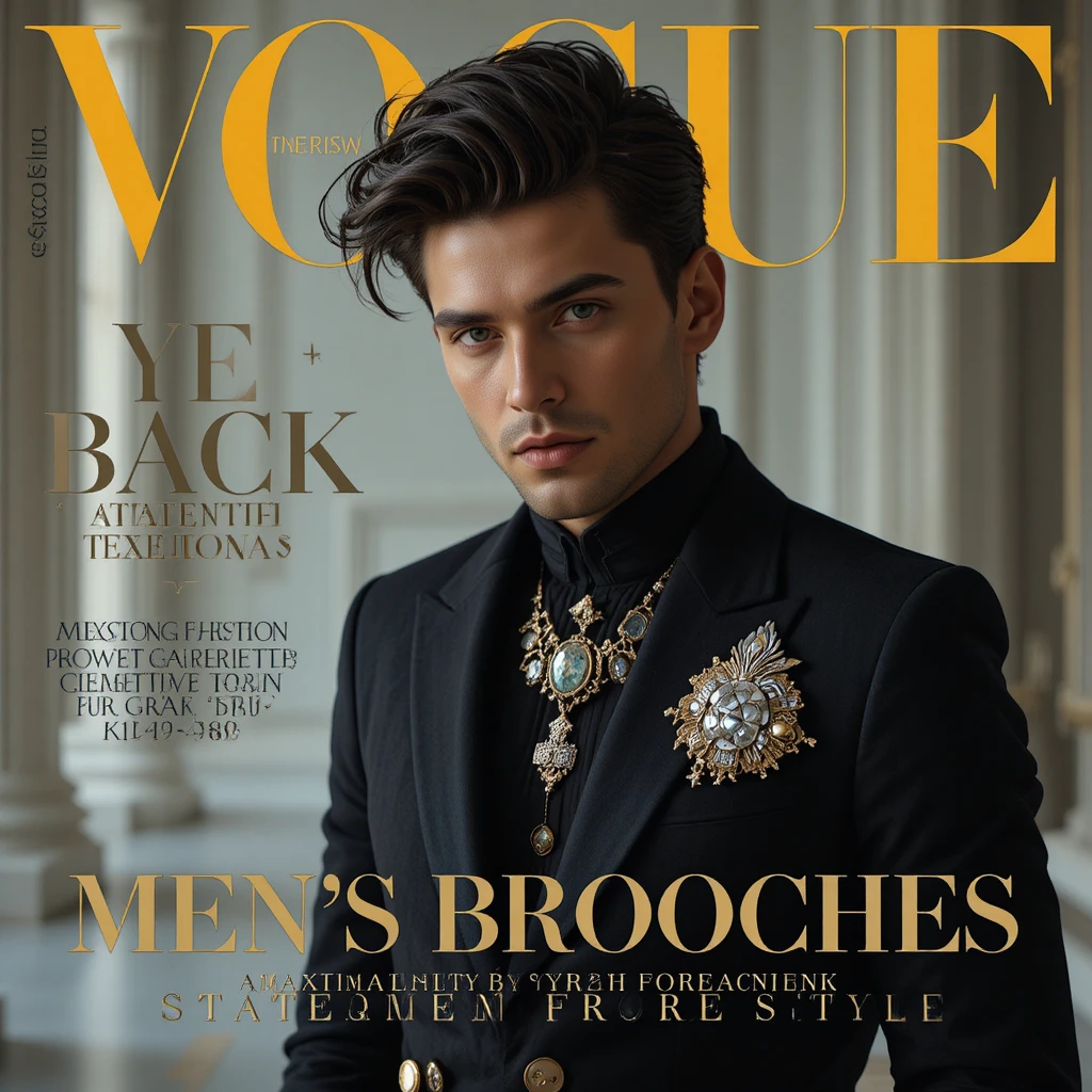 Male model with statement brooch in fashion studio portrait