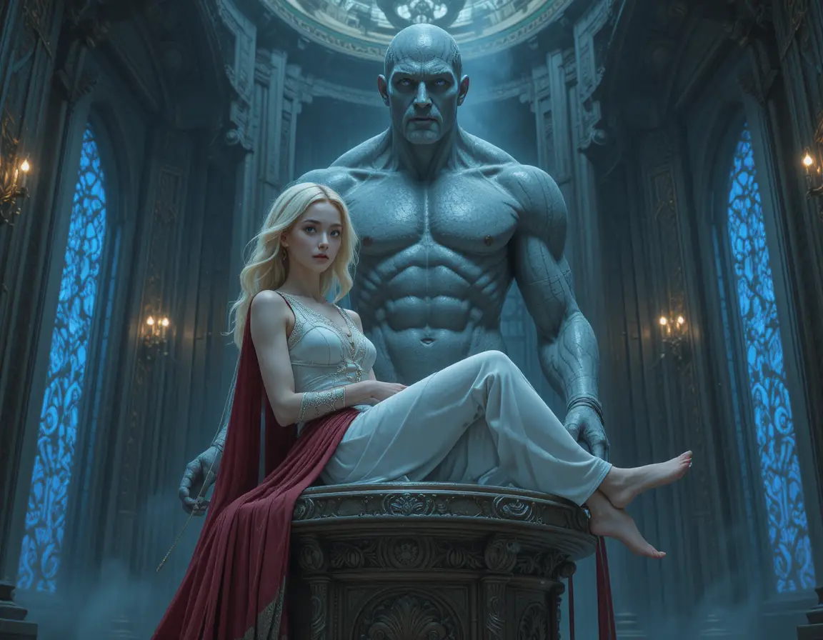 Blonde girl in white and red resting on a stone pedestal
