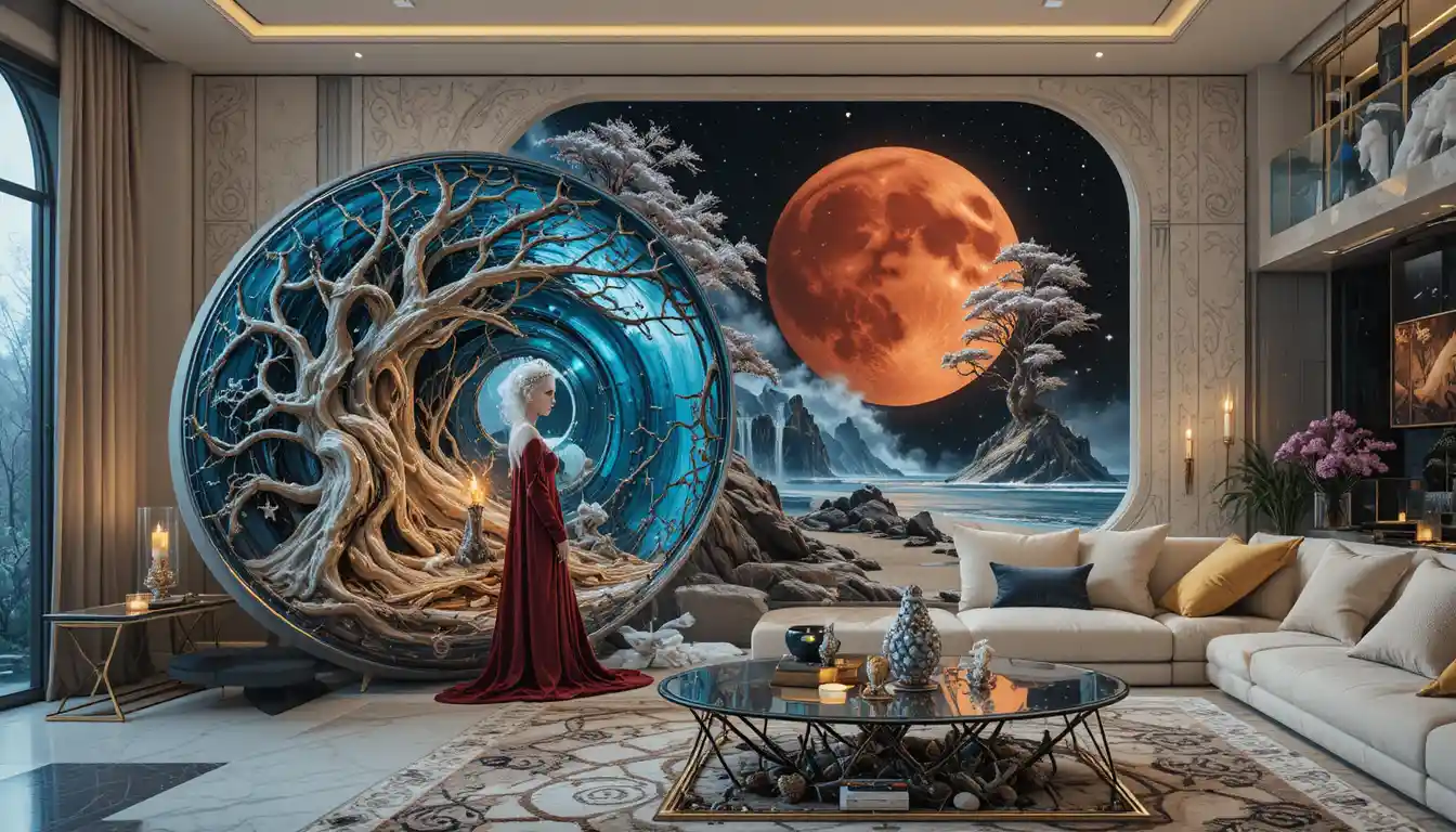 Gothic queen and wizard walking through a cosmic alien street