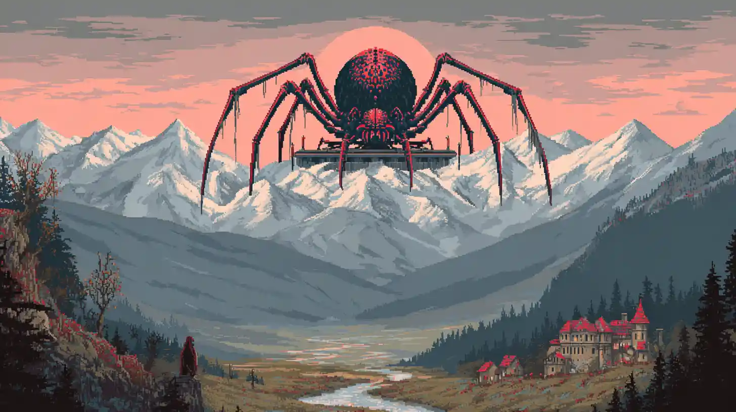 Colossal spider god on a flat topped mountain throne