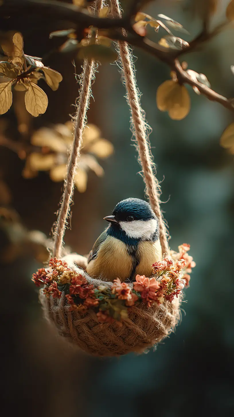 Sleeping songbird in a cozy hanging rope basket