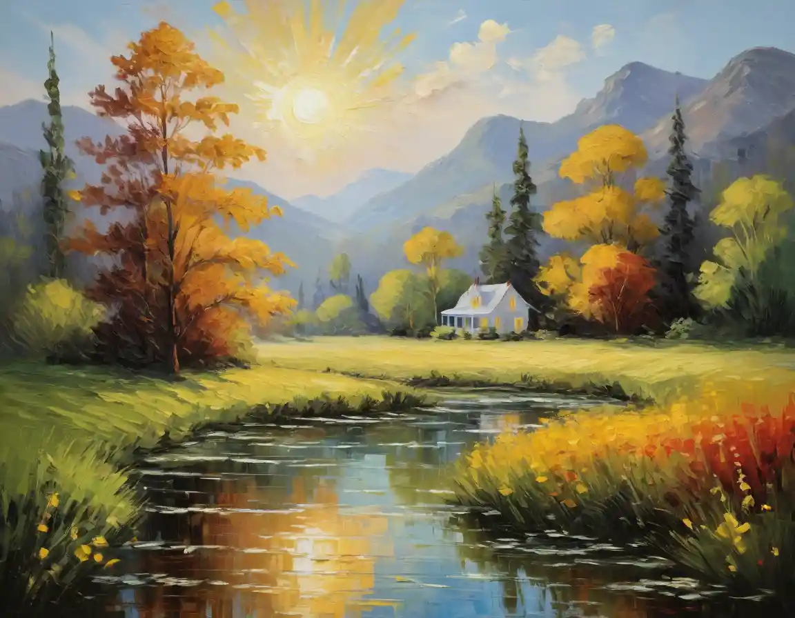 Sonnenbeschienene impressionistische Landschaft mit sanfter, friedlicher Atmosphäre