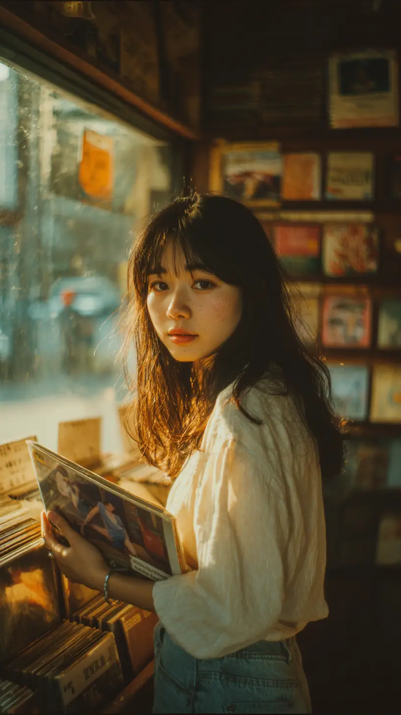 Young woman with vinyl record in sunlit vintage store