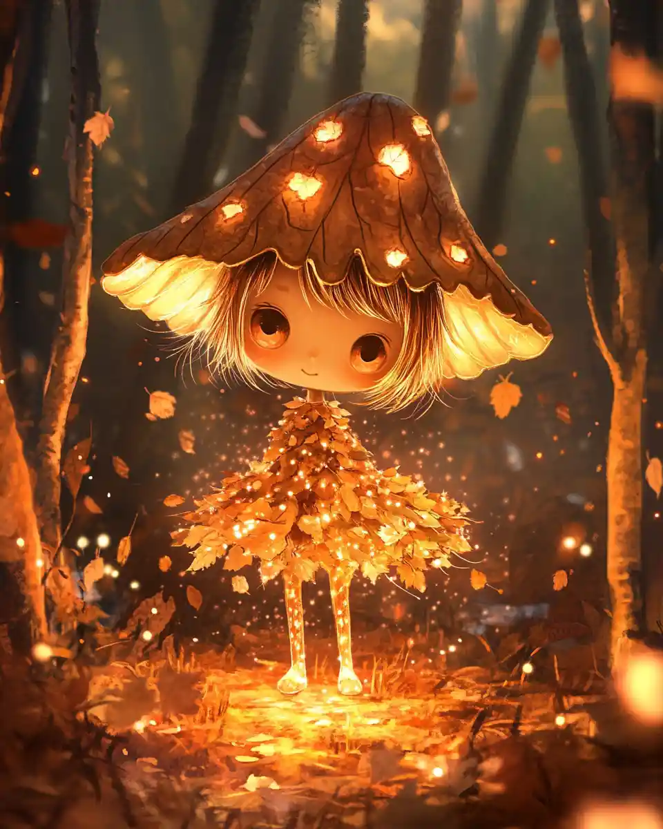 Autumn fairy child in glowing enchanted forest scene