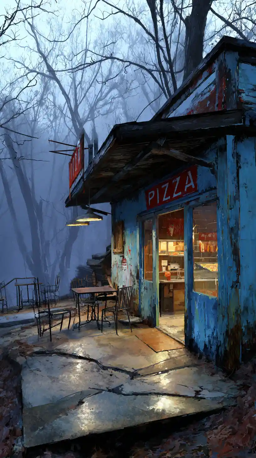 Lonely blue pizzeria glowing in a dark twilight forest