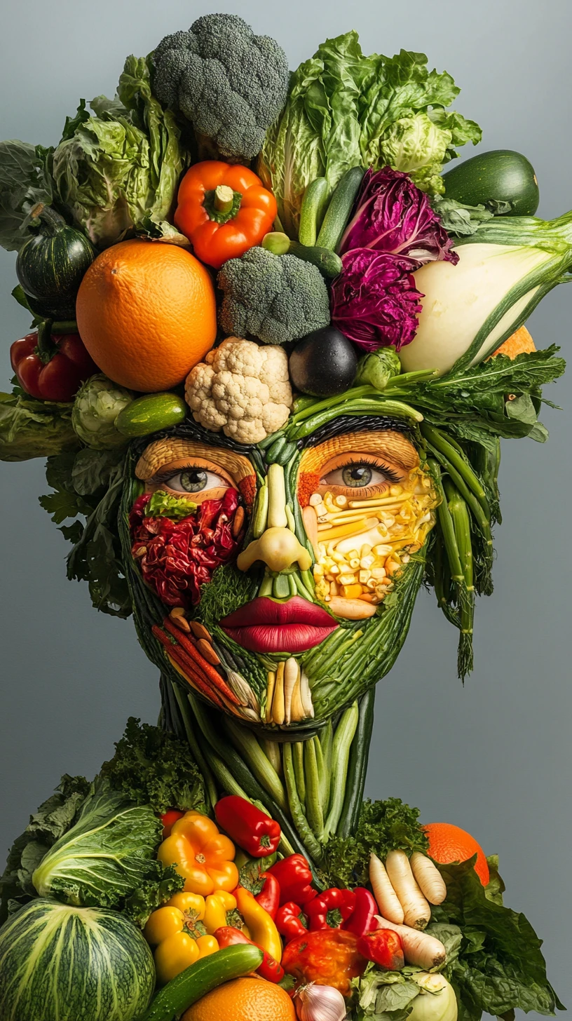 Surreal female face portrait built entirely from vegetables