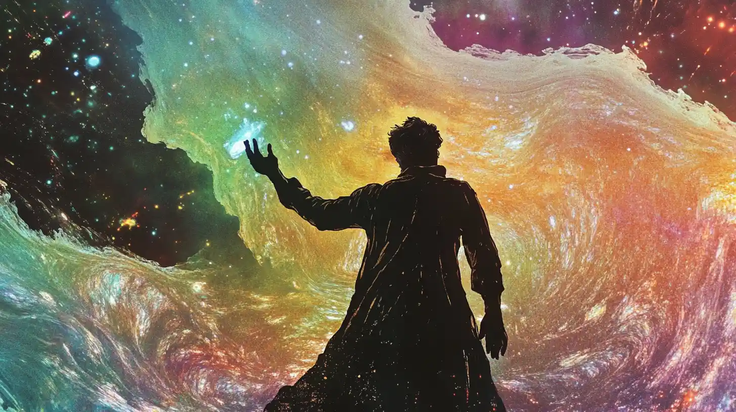 Dark sorcerer casting magic amid swirling cosmic dust
