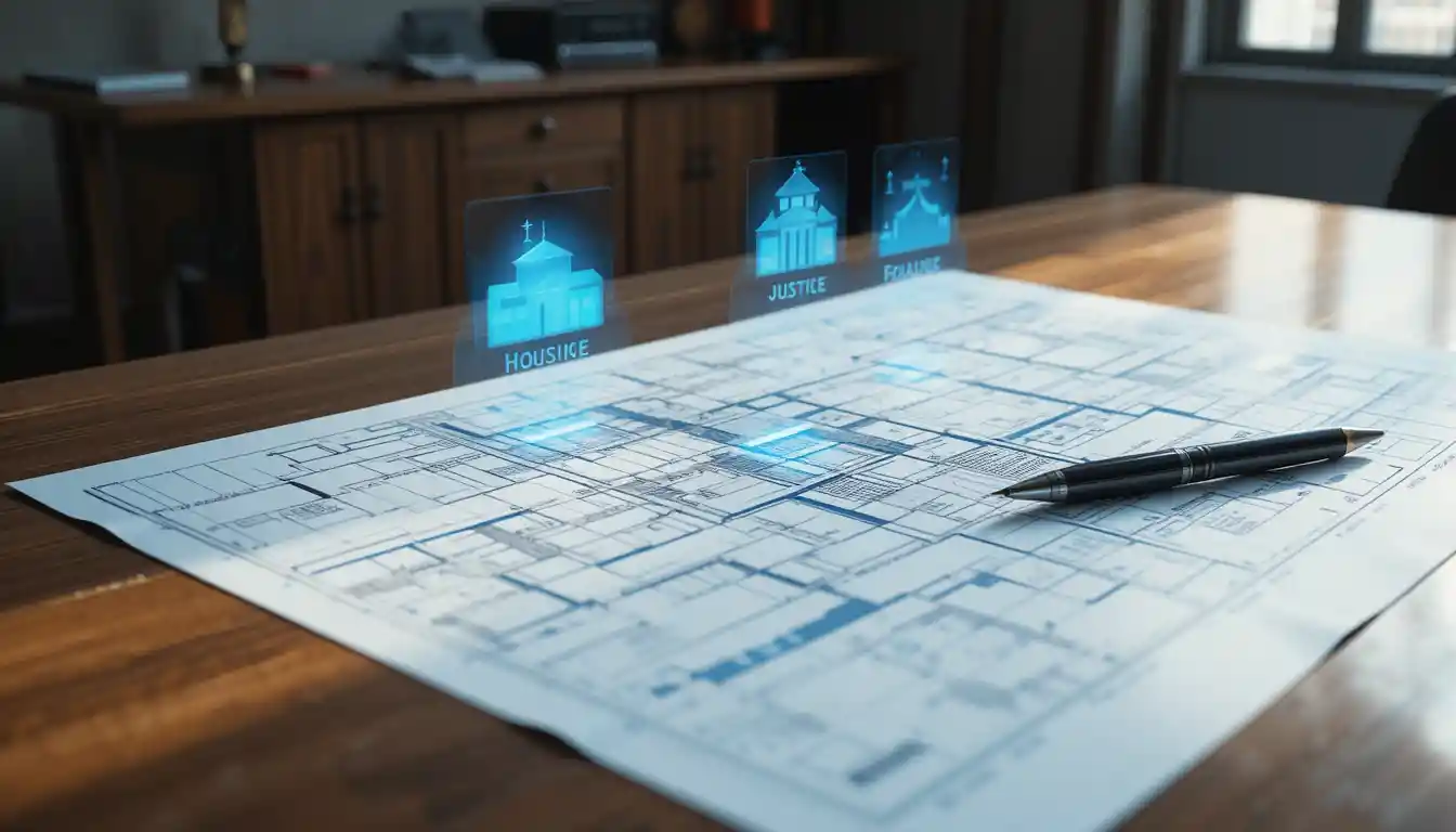 Cinematic blueprint on wooden desk with justice holograms