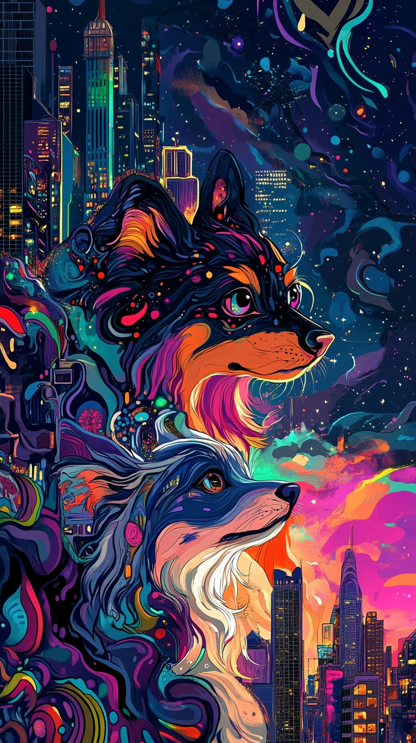 Whimsical cat couple dancing in a colorful dusk city