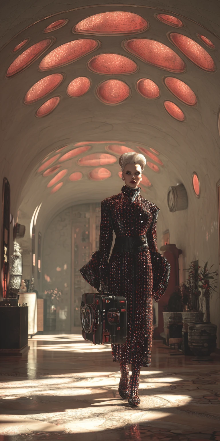 A fashionable woman in a shimmering dark dress walks through a futuristic, vaulted hall.