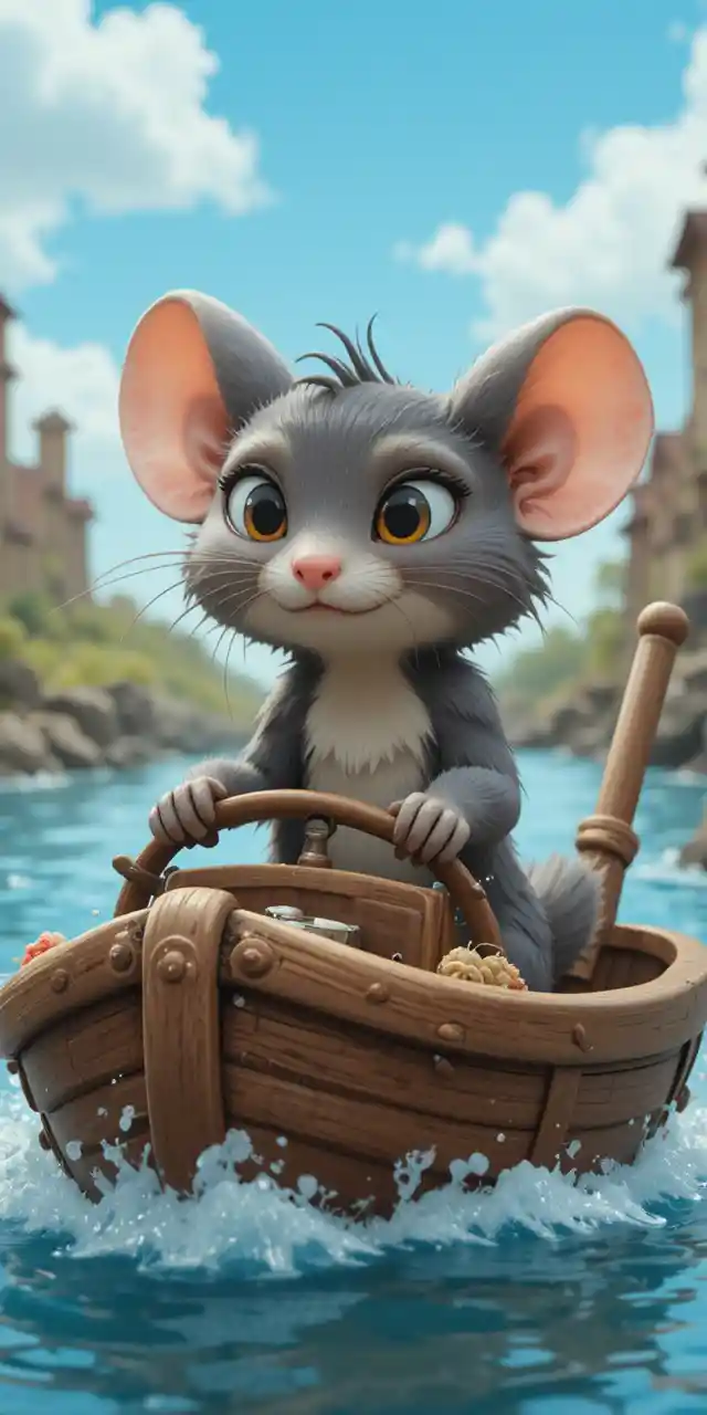 Cartoon mouse sailing a toy boat in a rainy gutter