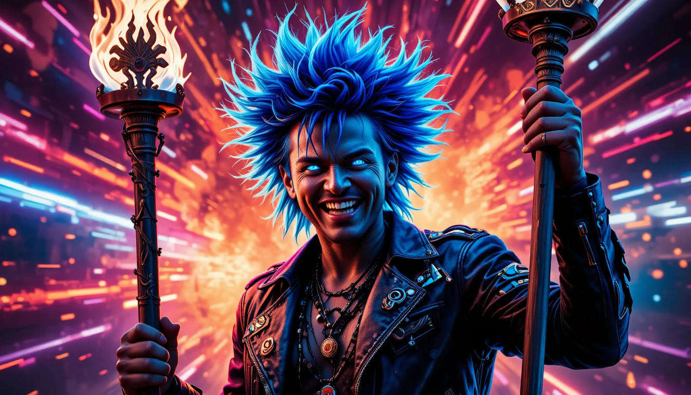 Joyful punk shaman with neon staff and spiked hair
