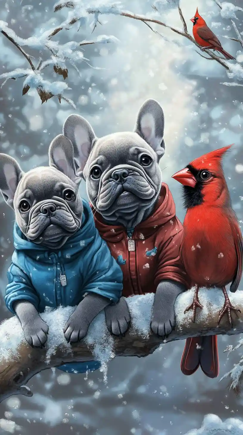 French bulldog puppies on snowy branch with red cardinals