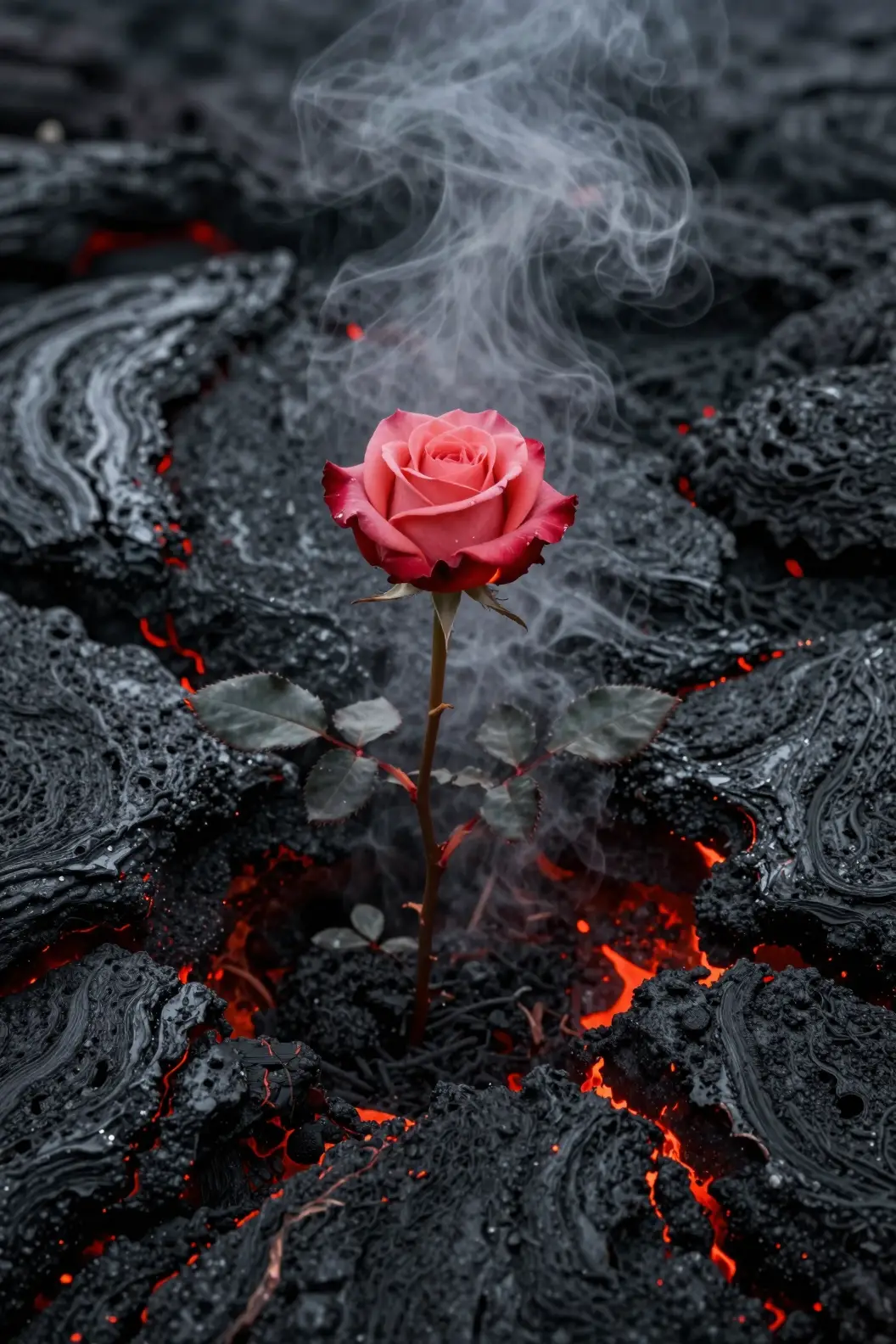 Single Rose Emerging From Cooling Black Lava Rocks