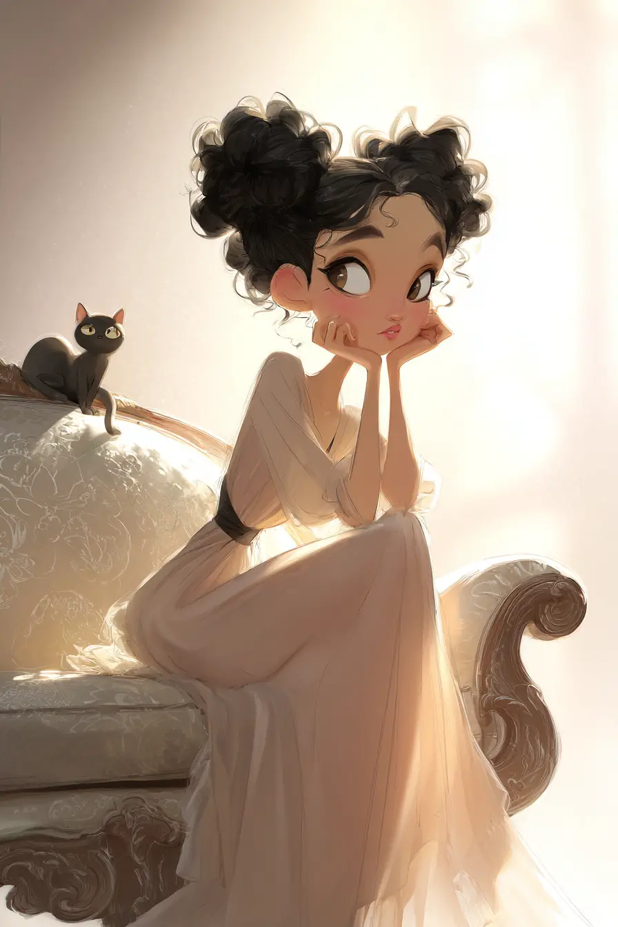 Thoughtful girl in pastel dress on antique sofa illustration