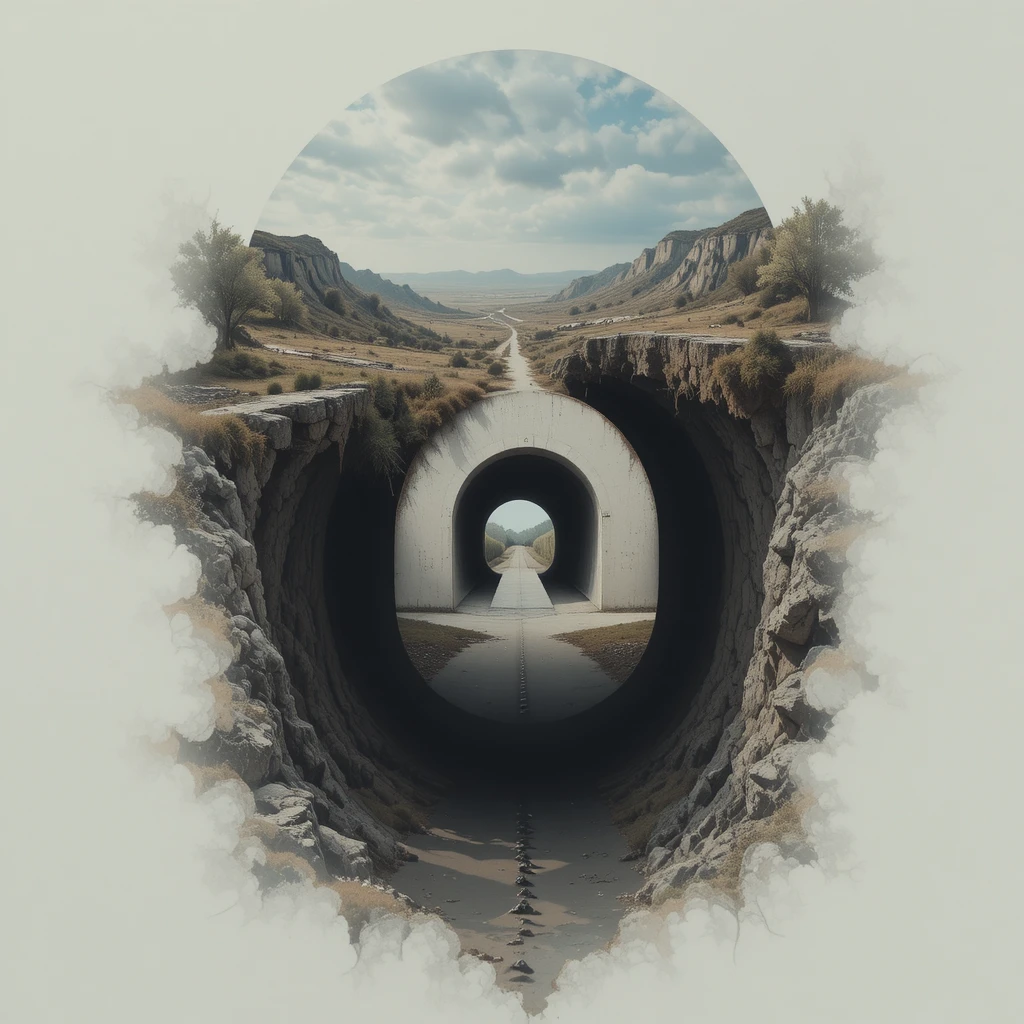 Rostro surreal que se funde con paisaje e ilusión de túnel