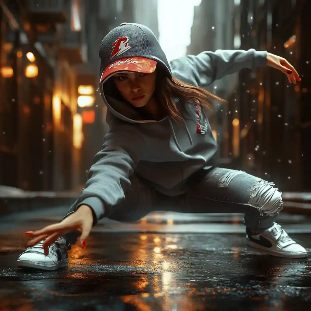 Giovane donna che fa breakdance in un tranquillo vicolo urbano