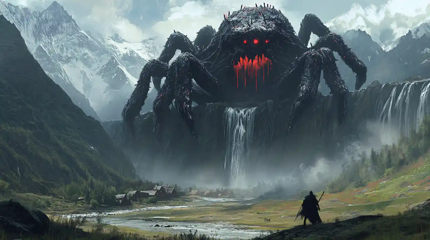 Colossal spider god on a mountain throne above village