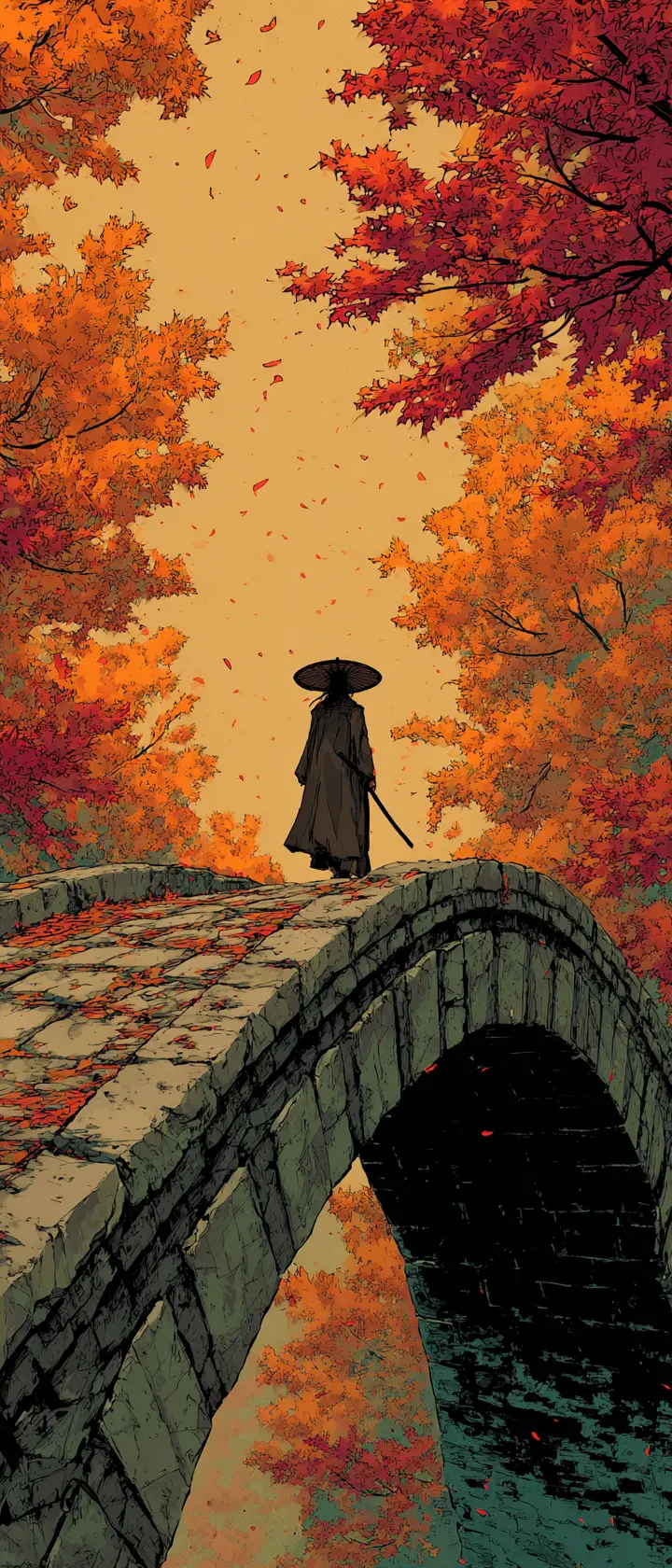 Weary traveler on an ancient stone bridge in autumn