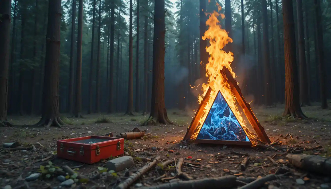 Cinematic forest clearing with a large triangular campfire