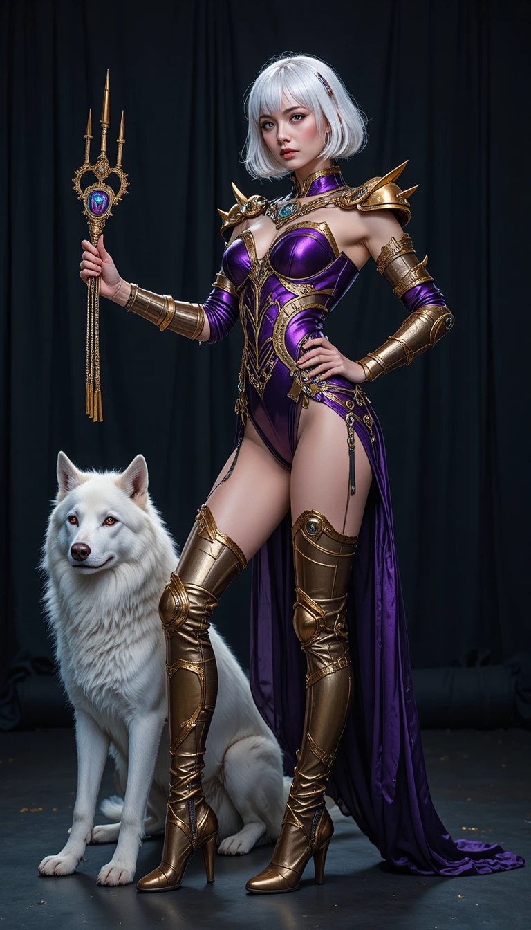 Cosplayeuse en armure de fantasy métallique avec loup blanc comme compagnon