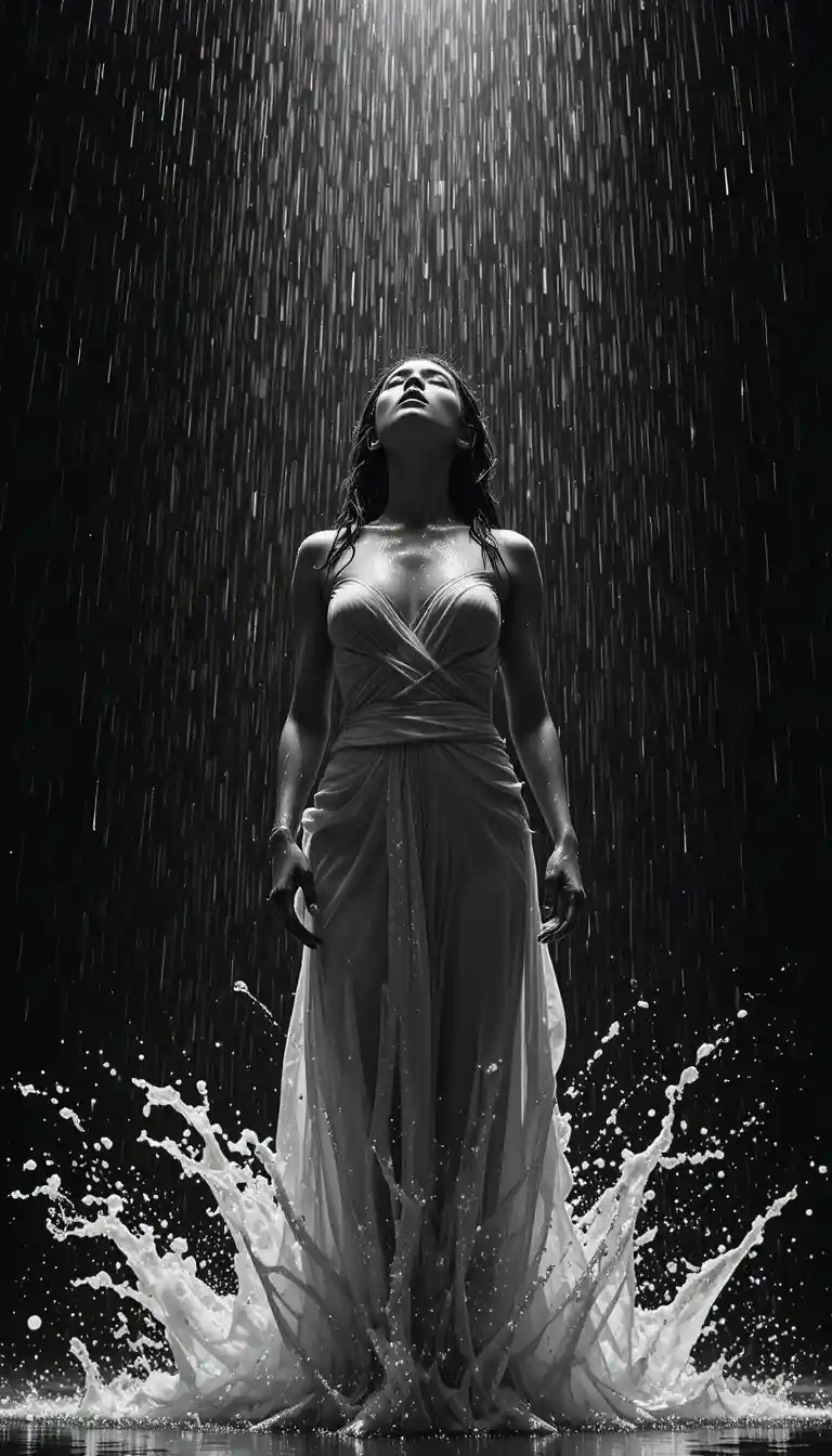 Woman in torrential rain under dramatic overhead spotlight