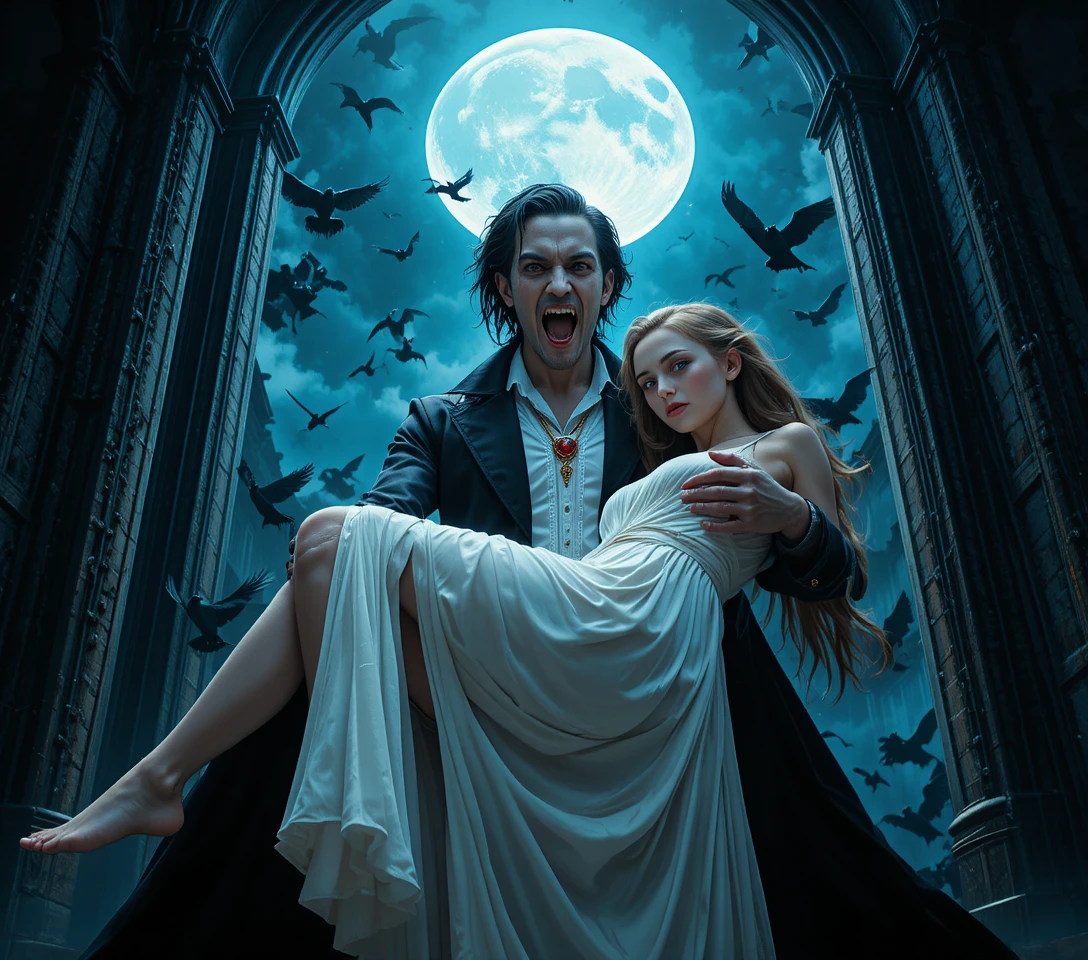 Pallido vampiro aristocratico incombente su donna incosciente