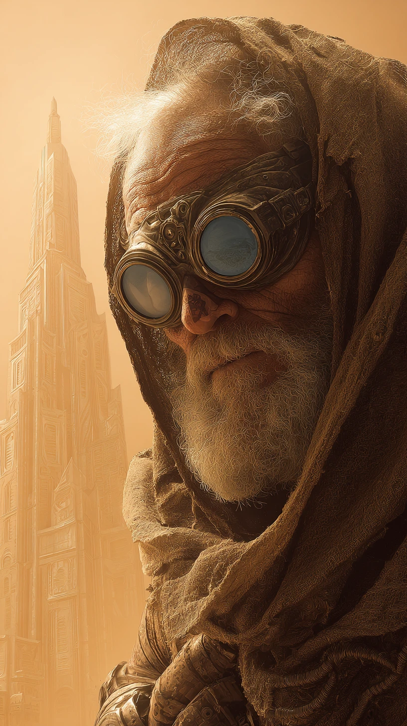 Anciano en un desierto frente a una ciudad futurista de estilo años 30
