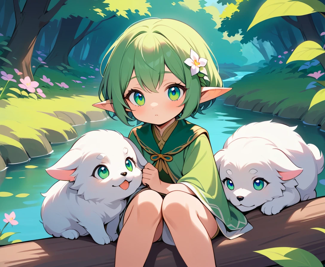 Forest elf cuddling a fluffy white puppy by river