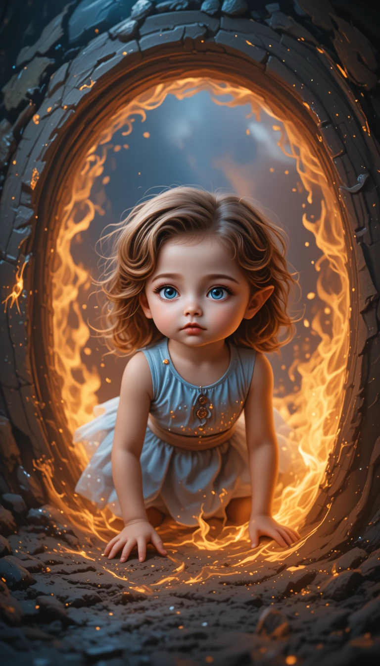 Young elf girl crawling from a burning magical portal