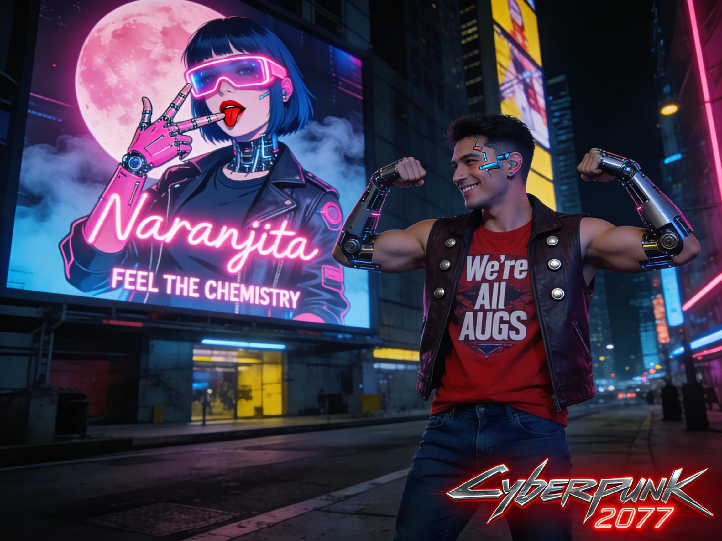 Uomo cyberpunk che mostra i suoi bracci cibernetici in una strada cittadina al neon