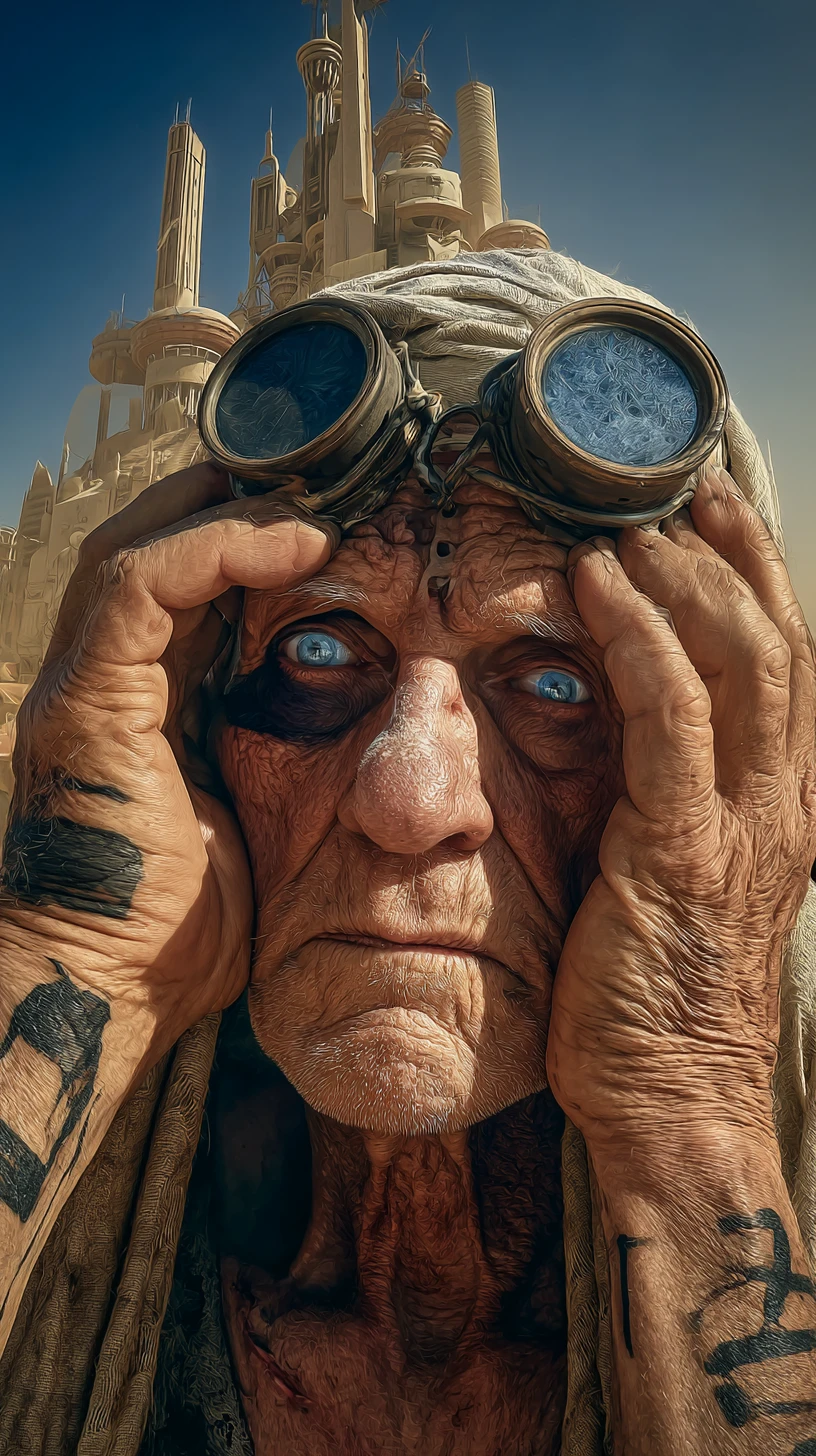 Velho no deserto diante de cidade futurista estilo anos 1930
