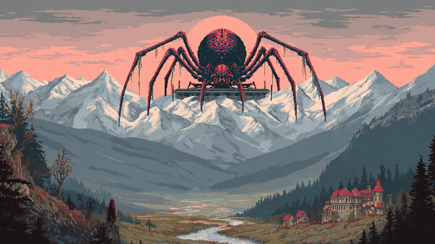Colossal spider god on a flat topped mountain throne