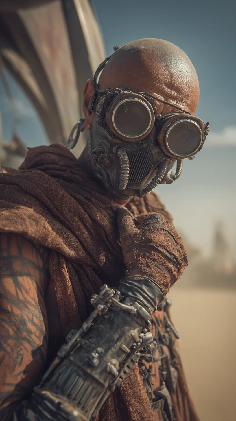 Old man in a post apocalyptic desert with futuristic mask