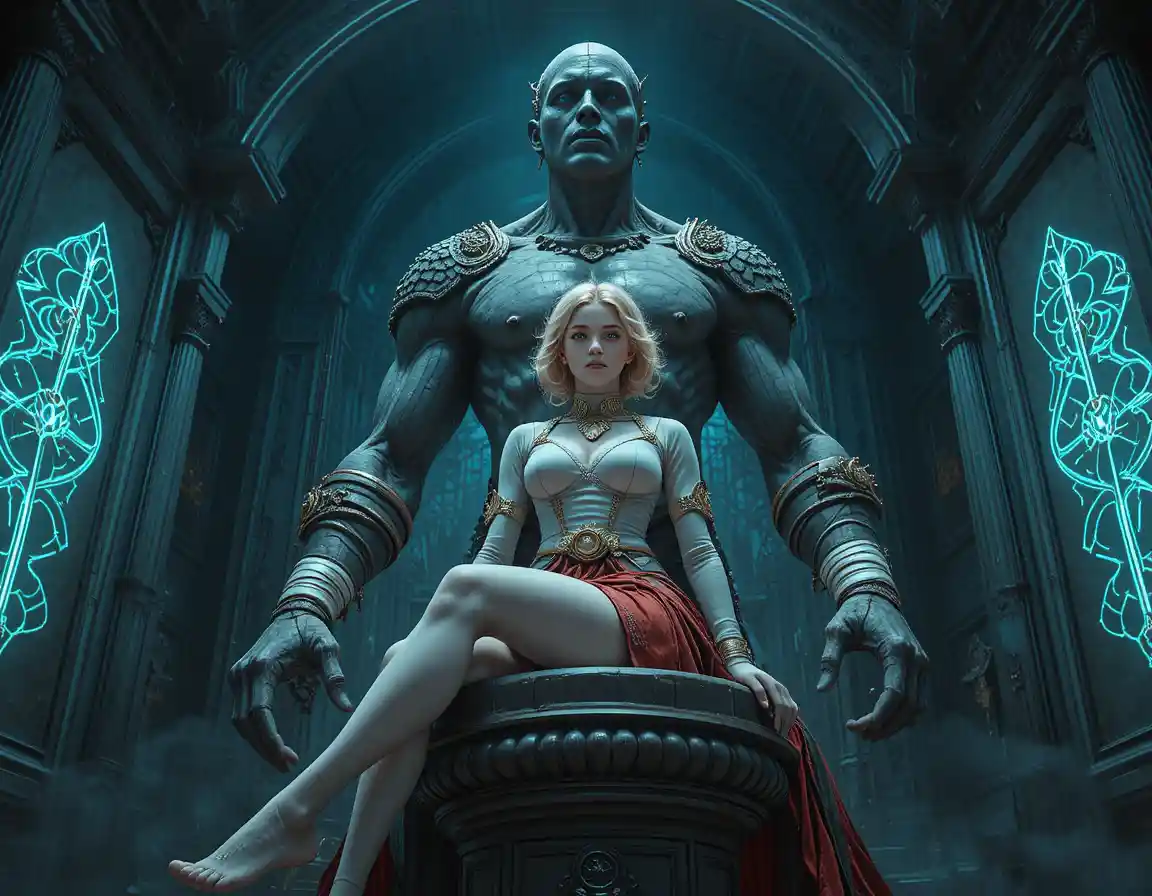 Blonde girl relaxing on pedestal in mysterious stone hall