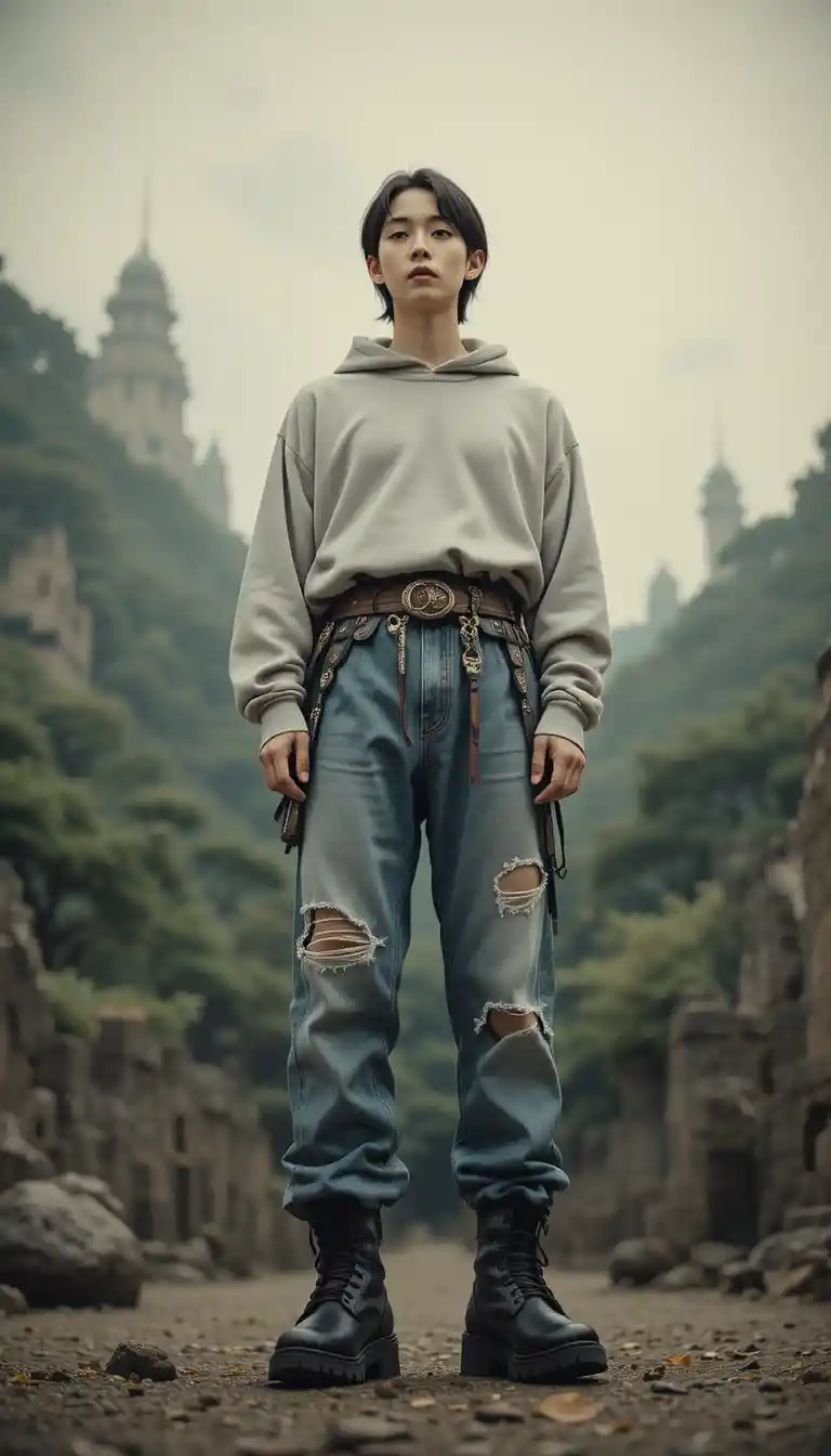 Junger Mann in hybrider koreanischer Streetwear und Combat Boots