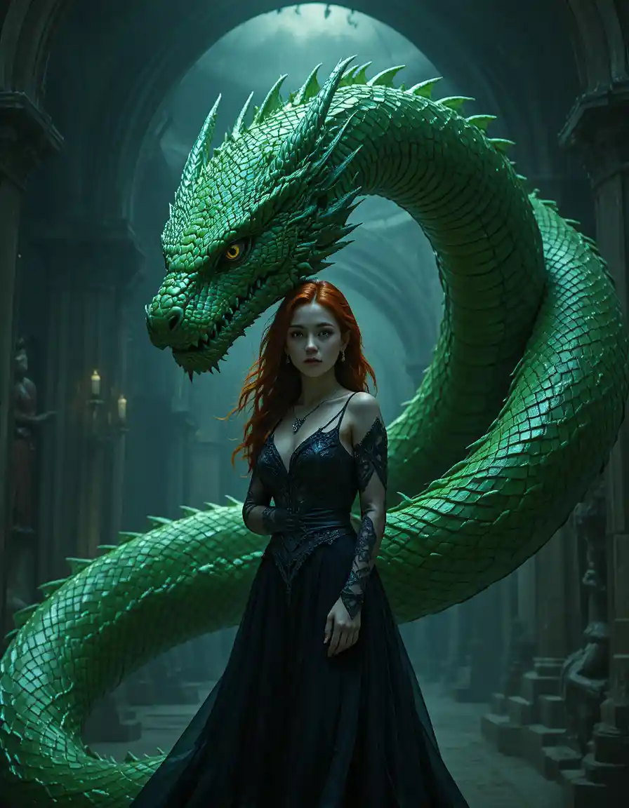 Pale red haired dragon winged girl with a giant serpent