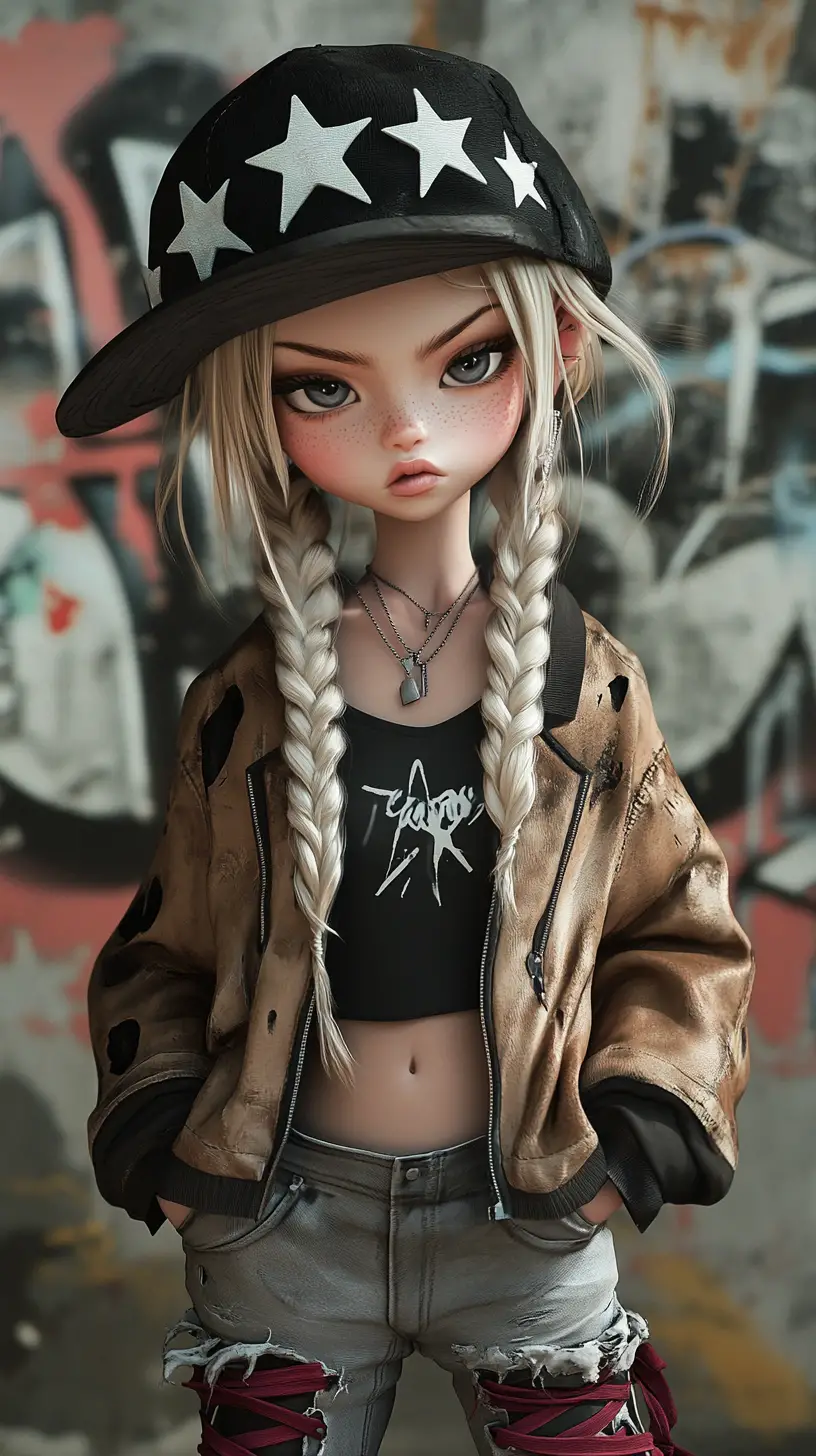 Blonde girl in star hat against graffiti street wall