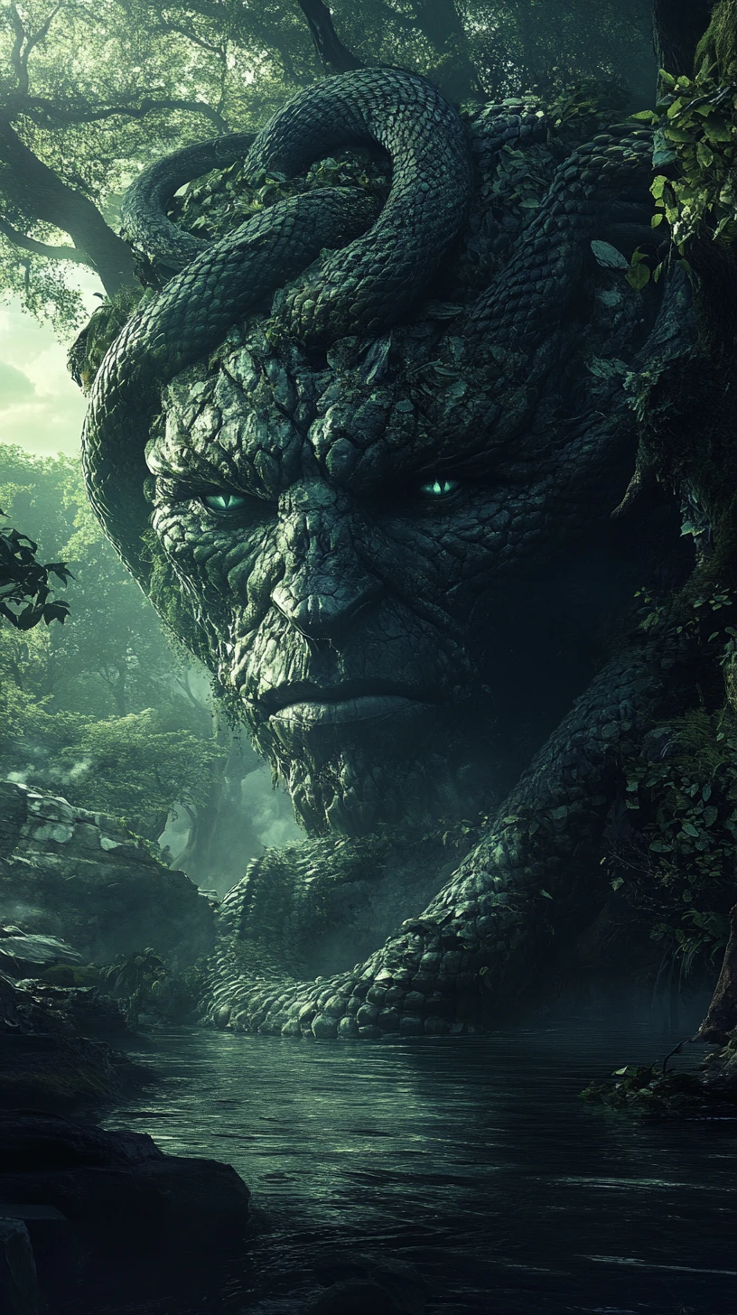 Majestic lamia rising from mist in a mystical forest