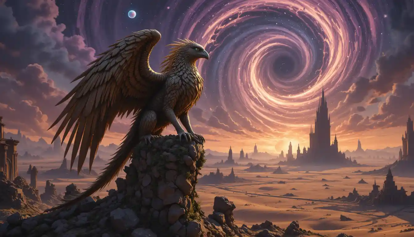 Grifone dorato su antica statua sopra un deserto infinito