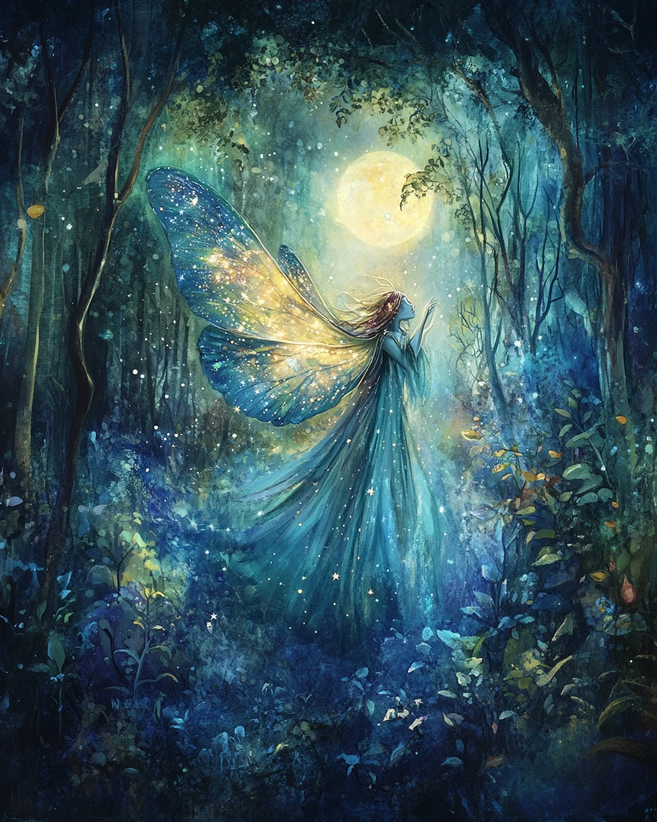 Espíritu de polilla lunar danzando en una noche de bosque encantado
