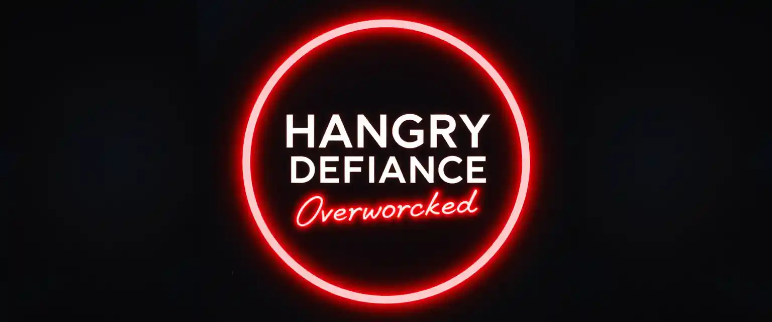 Neon circle banner with bold hangry defiance title