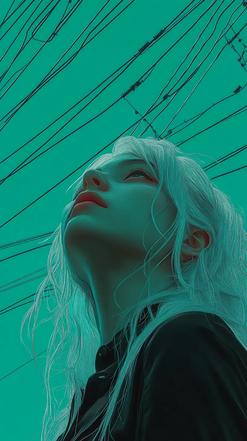 Anime girl gazing upward beneath urban power lines