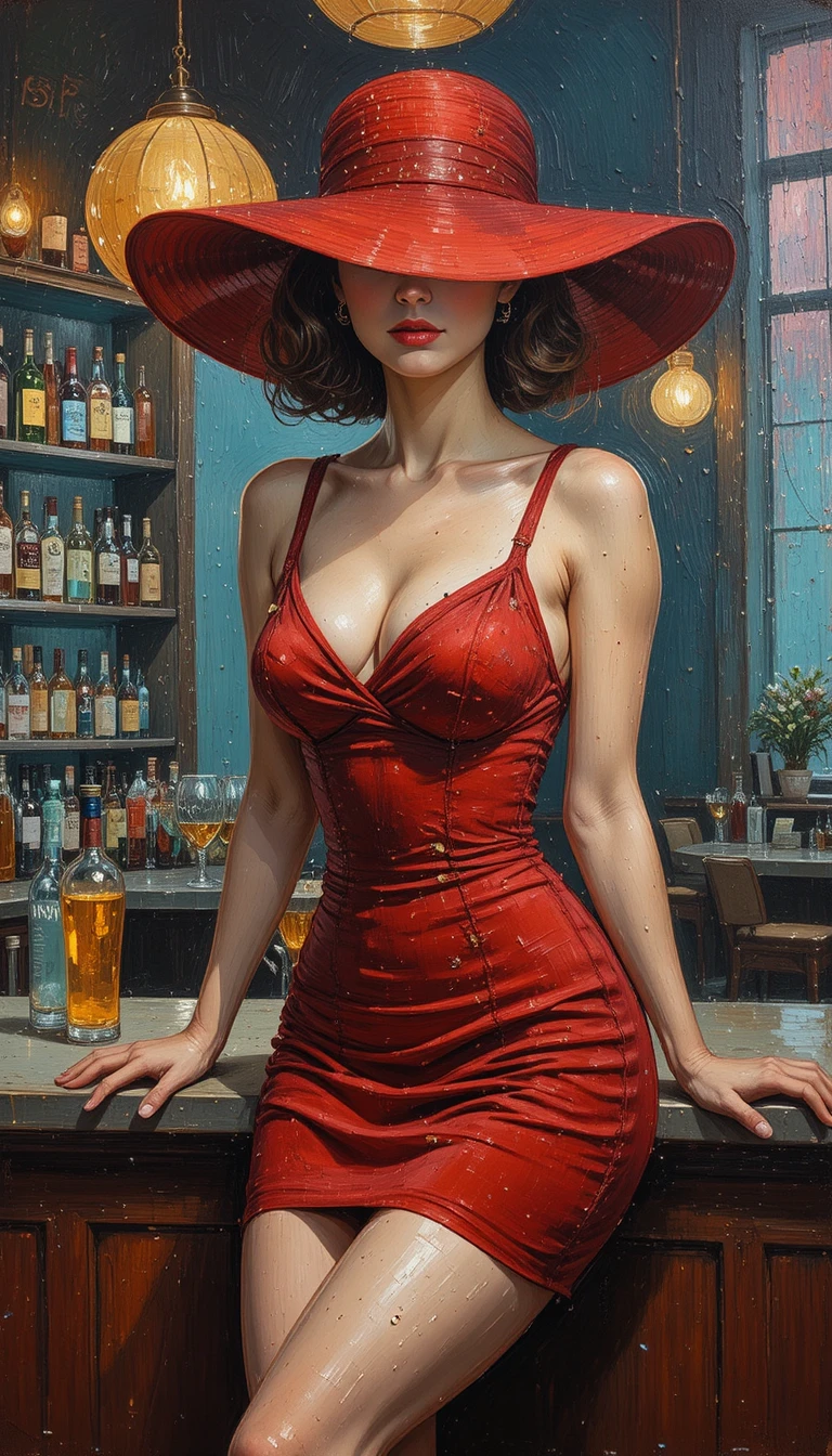Woman in red hat sitting on a 1960s bar counter