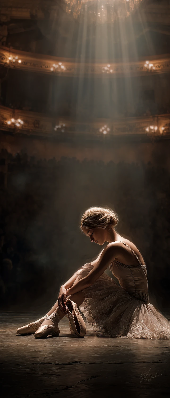 Retired ballerina under a lonely spotlight on empty stage